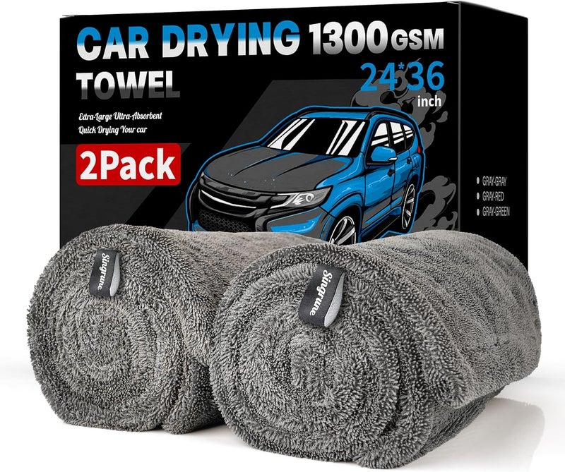 Singrune 2 Pack XL Car Drying Towel – 1300GSM Ultra Absorbent Microfiber, 24"x36" Large Size, Twisted Loop, Lint-Free & Streak-Free for Auto Detailing, Car, SUV, Truck (Gray-Gray) - Image 1